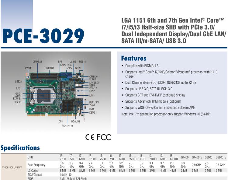 研华PCE-3029 LGA 1151 6th Gen Intel® Core™ i7/i5/i3 Half-size SHB with PCIe 3.0/ Dual Independent Display/Dual GbE LAN/SATA III/m-SATA/ USB 3.0