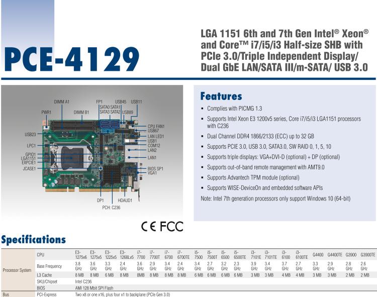 研华PCE-4129 LGA 1151 6th Gen Intel® Xeon® and Core™ i7/i5/i3 Half-size SHB with PCIe 3.0/Triple independent display/Dual GbE LAN/SATA III/m-SATA/ USB 3.0