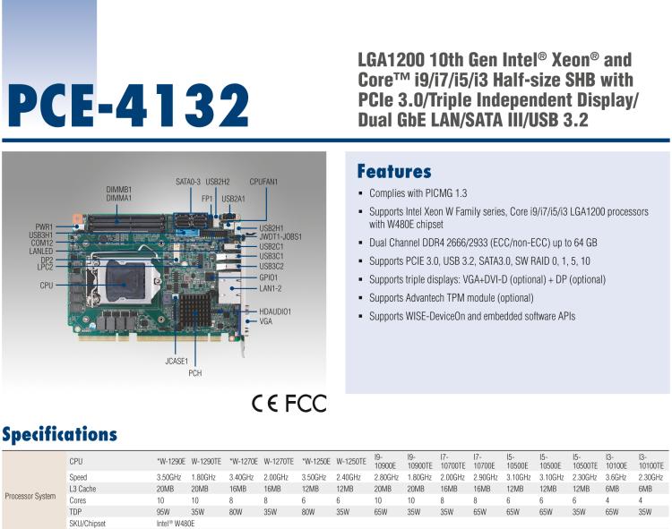研华PCE-4132 LGA1200 10th Gen Intel® Xeon® and Core™ i9/i7/i5/i3 Half-size SHB with PCIe 3.0/Triple Independent Display/Dual GbE LAN/SATA III/USB 3.2
