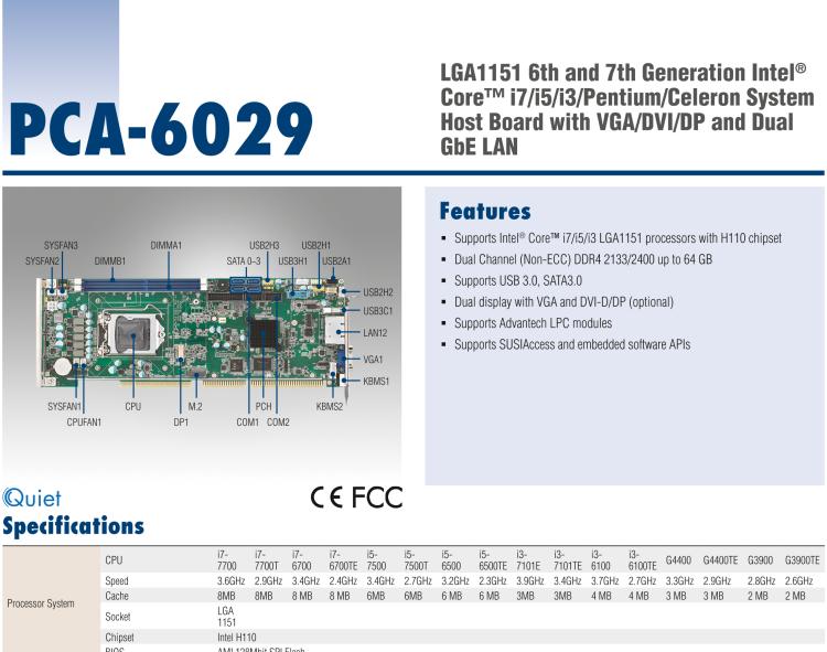 研华PCA-6029 LGA1151 6th and 7th Generation Intel® Core™ i7/i5/i3/Pentium/Celeron System Host Board with VGA/DVI/DP and Dual GbE LAN