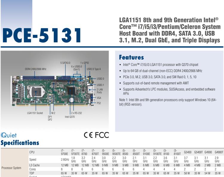 研华PCE-5131 LGA1151第八代Intel® Core™ i7/i5/i3/Pentium/Celeron系统主板 带DDR4, SATA 3.0, USB 3.1, M.2, 双 GbE和三显