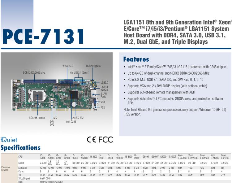 研华PCE-7131 LGA1151第八代Intel® Xeon® E/Core™ i7/i5/i3/Pentium® LGA1151 系统主板 带DDR4, SATA 3.0, USB 3.1, M.2, 双GbE和三显