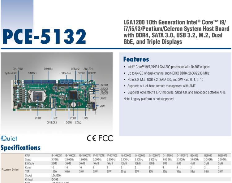 研华PCE-5132 LGA1200 10th Generation Intel® Core™ i9/i7/i5/i3/Pentium/Celeron System Host Board with DDR4, SATA 3.0, USB 3.2, M.2, Dual GbE, and Triple Displays