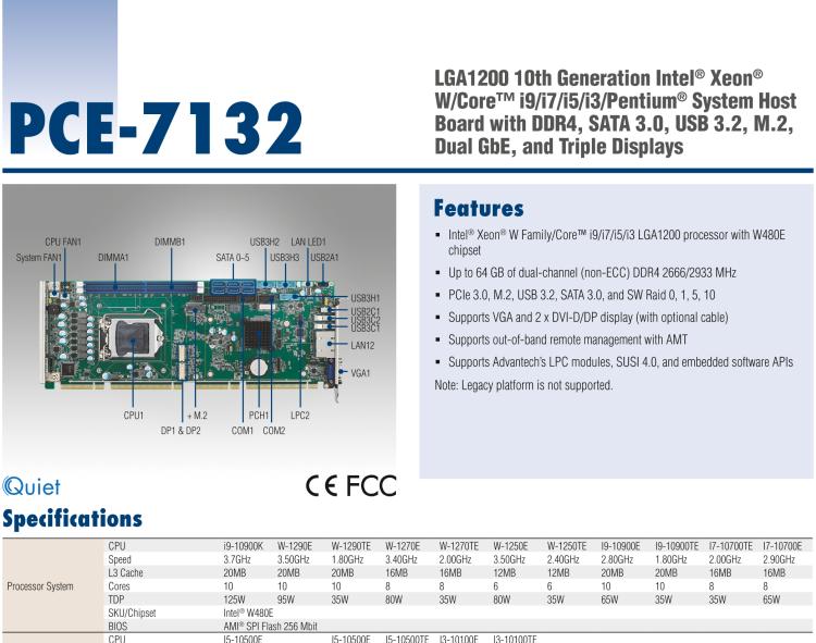 研华PCE-7132 LGA1200 10th Generation Intel® Xeon® W/Core™ i9/i7/i5/i3/Pentium® System Host Board with DDR4, SATA 3.0, USB 3.2, M.2, Dual GbE, and Triple Displays