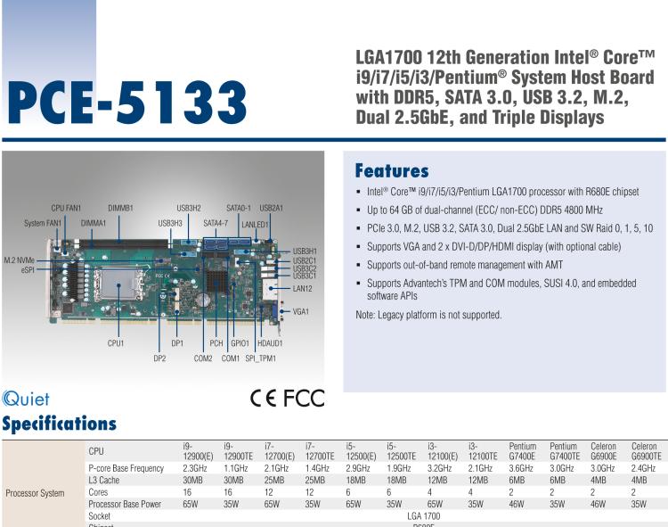 研华PCE-5133 LGA1700 12th Generation Intel® Core™ i9/i7/i5/i3/Pentium® System Host Board with DDR5, SATA 3.0, USB 3.2, M.2, Dual 2.5GbE, and Triple Displays