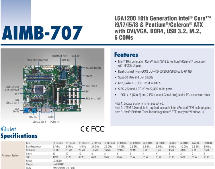 研华AIMB-707 LGA1200 10th Generation Intel® Core™ i9/i7/i5/i3 & Pentium®/Celeron® ATX with DVI/VGA, DDR4, USB 3.2, M.2, 6 COMs