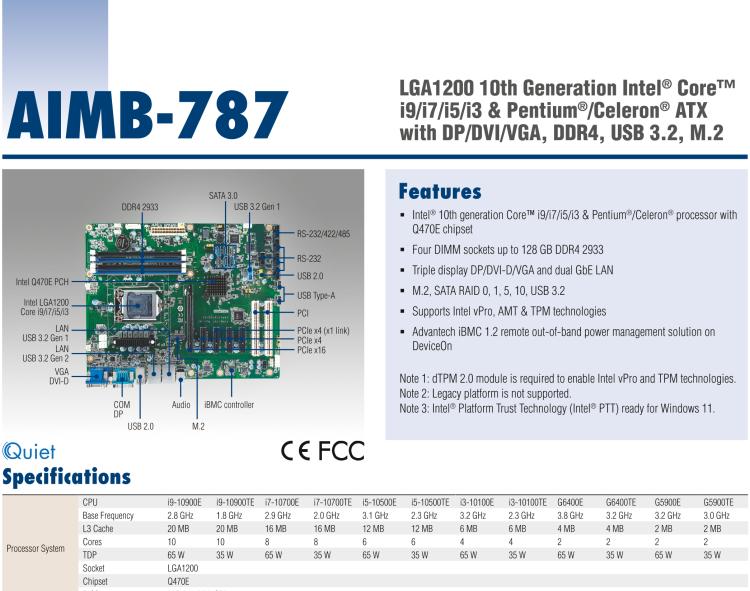 研华AIMB-787 LGA1200 10th Generation Intel® Core™ i9/i7/i5/i3 & Pentium®/Celeron® ATX with DP/DVI/VGA, DDR4, USB 3.2, M.2