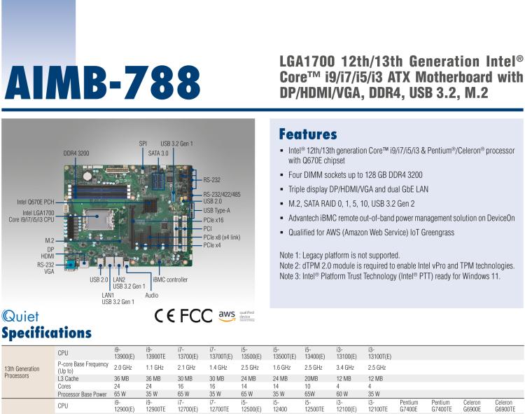 研华AIMB-788 LGA1700 12th/13th Generation Intel® Core™ i9/i7/i5/i3 ATX Motherboard with DP/HDMI/VGA, DDR4, USB 3.2, M.2