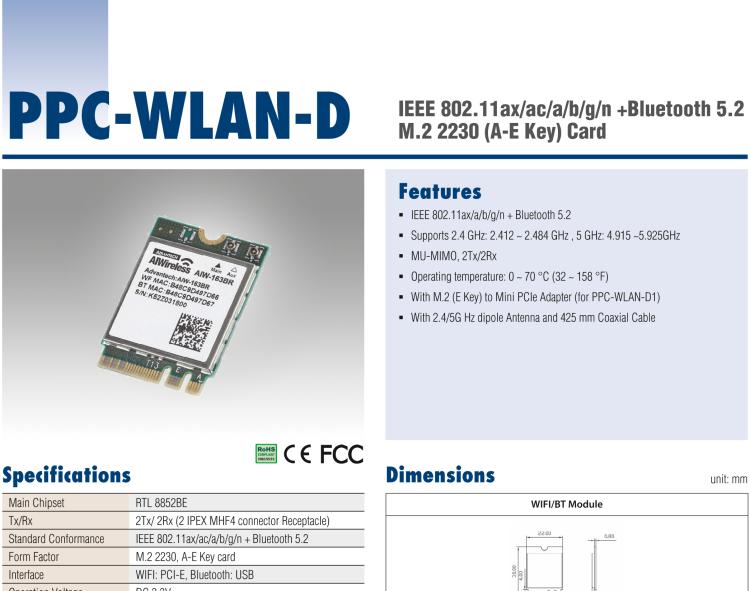 研华PPC-WLAN-D IEEE 802.11ax/ac/a/b/g/n +Bluetooth 5.2 M.2 2230 (A-E Key) Card