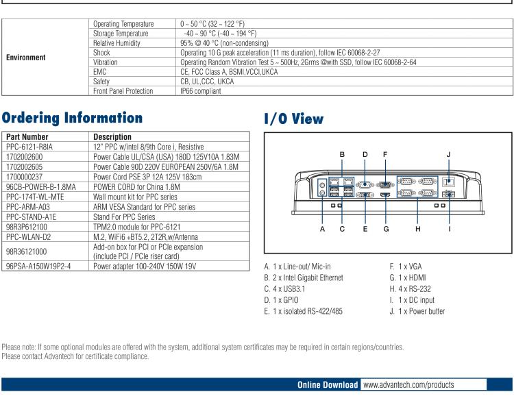 研华PPC-6121 12.1" 工业平板电脑, 搭载 Intel® 第8代 Core™ i/Celeron® 处理器