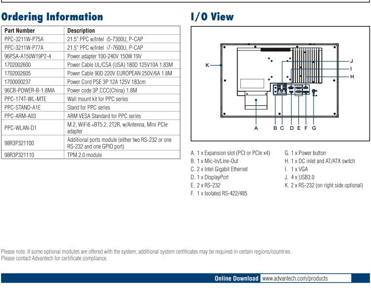 研华PPC-3211W 21.5" 宽屏无风扇工业平板电脑, 搭载 Intel® Core™ i5-7300U 处理器