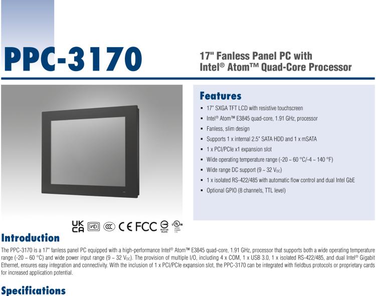 研华PPC-3170-RE4BE 17" 无风扇工业平板电脑, 搭载 Intel® Atom™ E3845 四核心处理器