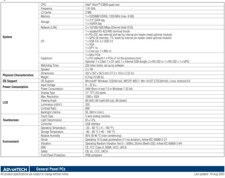 研华PPC-3170-RE4BE 17" 无风扇工业平板电脑, 搭载 Intel® Atom™ E3845 四核心处理器