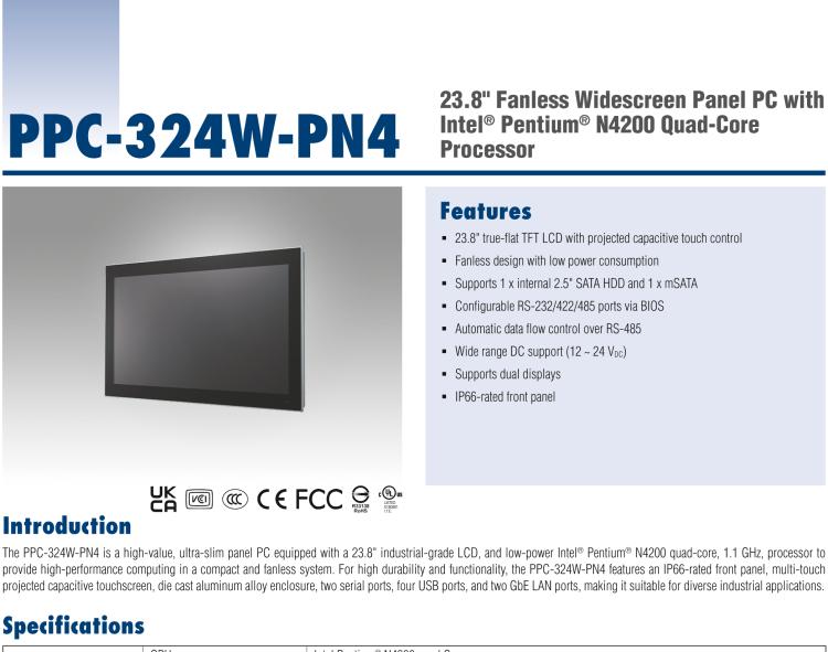 研华PPC-324W-PN40B 23.8" 宽屏无风扇工业平板电脑, 搭载Intel® Pentium® N4200 四核心处理器