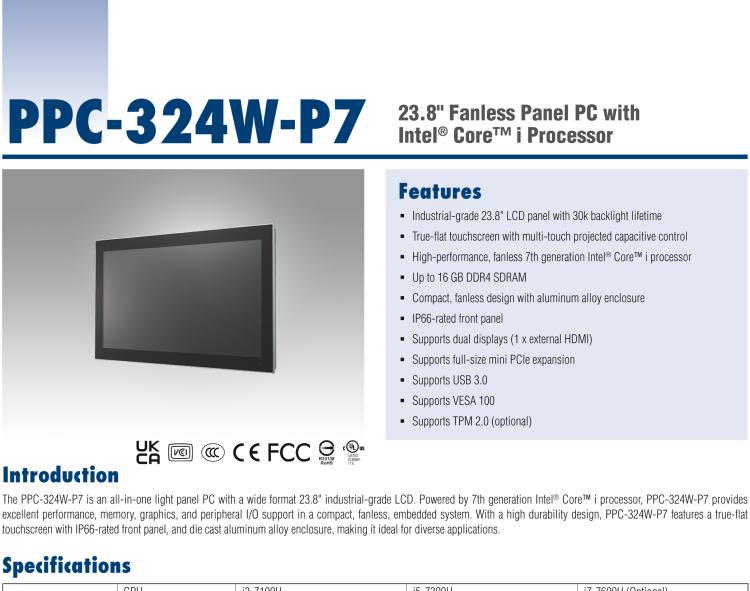 研华PPC-324W-P7 23.8" 宽屏无风扇工业平板电脑 Intel® Core™ i 处理器