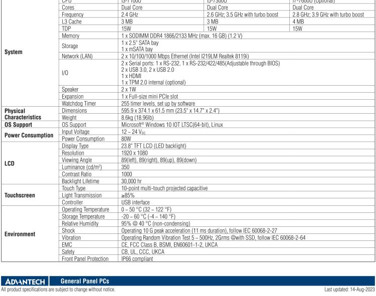 研华PPC-324W-P7 23.8" 宽屏无风扇工业平板电脑 Intel® Core™ i 处理器