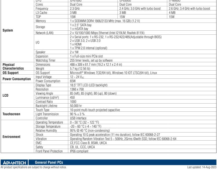 研华PPC-3181SW 18.5" 无风扇工业平板电脑, 搭载 Intel® Core™ 第六代处理器