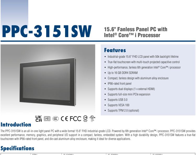 研华PPC-3151SW 15.6" 无风扇工业平板电脑, 搭载 Intel® 第六代 Core™ i 处理器