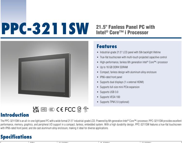 研华PPC-3211SW 21.5"无风扇工业平板电脑, 搭载Intel® 第六代 Core™ i 处理器