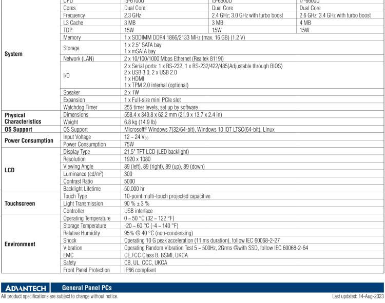 研华PPC-3211SW 21.5"无风扇工业平板电脑, 搭载Intel® 第六代 Core™ i 处理器