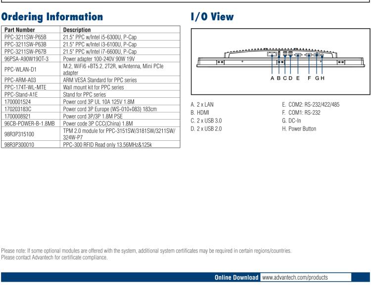 研华PPC-3211SW 21.5"无风扇工业平板电脑, 搭载Intel® 第六代 Core™ i 处理器