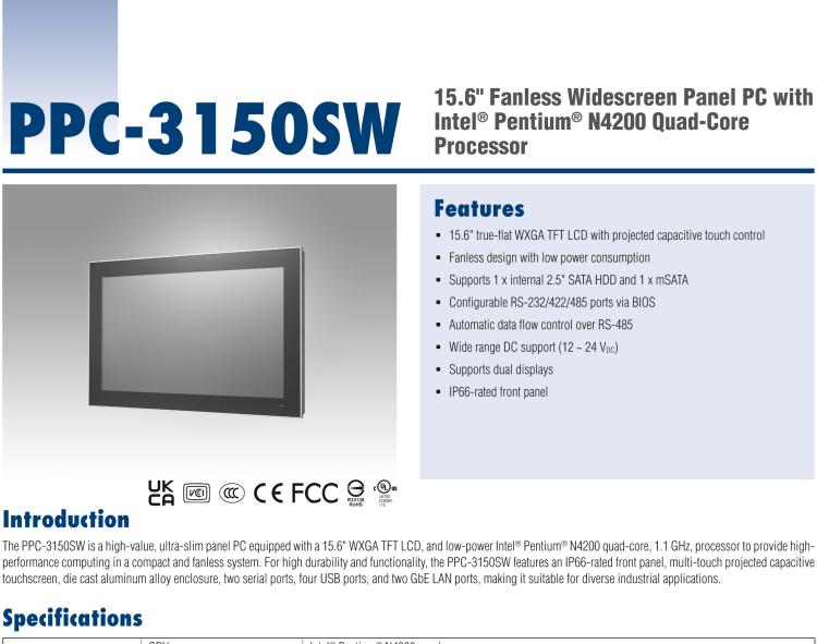 研华PPC-3150SW 15.6" 宽屏无风扇工业平板电脑，搭载 Intel® Pentium® N4200 四核心处理器