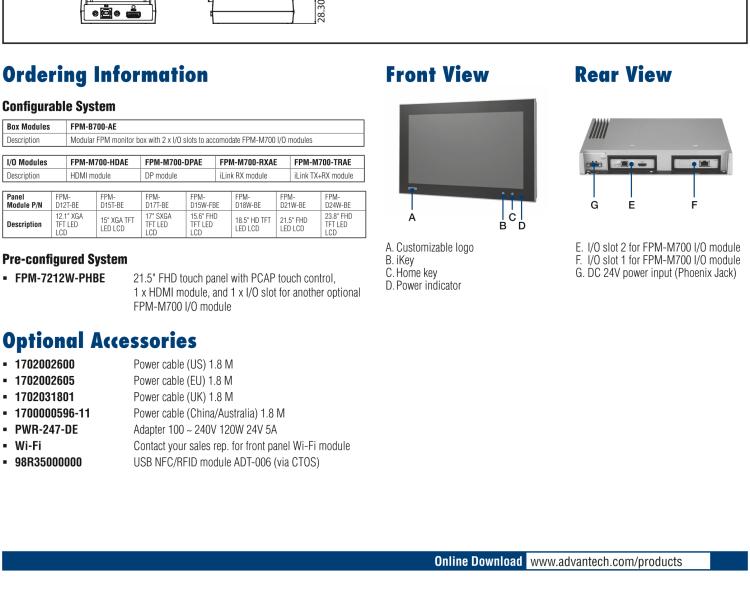 研华FPM-7212W 模组化工业显示器，21.5” Full HD/18.5” HD/17” SXGA/15” XGA/12” XGA 液晶显示器