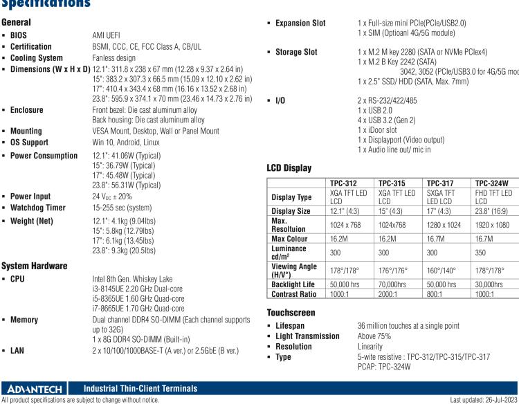 研华TPC-324W 8代Intel®Core™ i3/ i5/ i7处理器24" FHD TFT LED LCD触摸屏电脑，内置8G DDR4 RAM