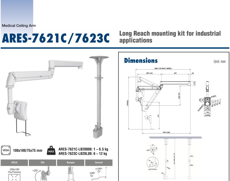 研华ARES-7621C Bundled with ARES-7600C, ARES-7621C provides a medical-grade ceiling long reach arm that can be used with bedside PIT (with a load of 1~6.5 kg).