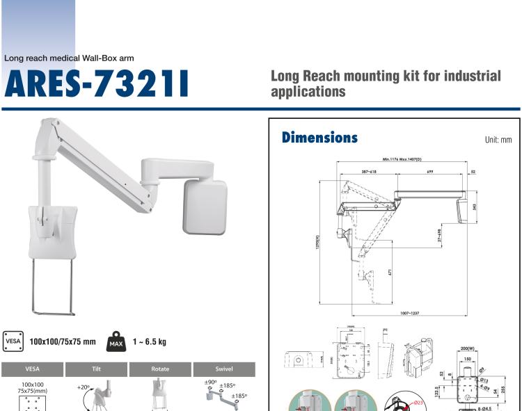 研华ARES-7621C Bundled with ARES-7600C, ARES-7621C provides a medical-grade ceiling long reach arm that can be used with bedside PIT (with a load of 1~6.5 kg).