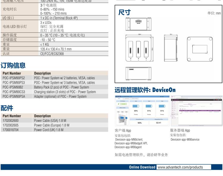 研华POC-IPSM90 270Wh 智能电源系统， 包含 3 × 90Wh 的锂电子电池组