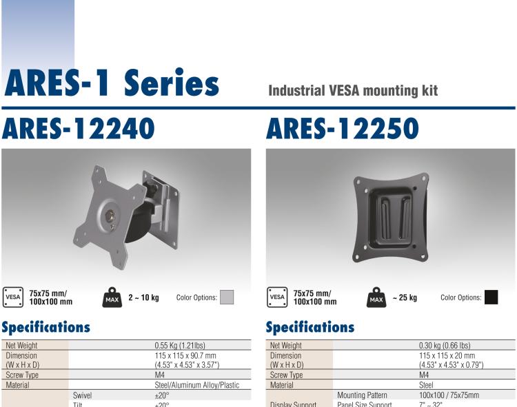 研华ARES-12250 ARES-12250 is a fixed wall mount with 75x75 mm / 100x100 mm VESA standard holes. It supports up to 25kg (55.12 lbs) and screens up to 32".