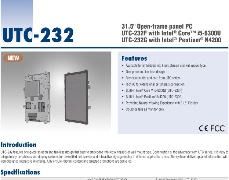 研华UTC-232F 31.5" Open Frame Panel PC with Intel® Core™ i5-6300U