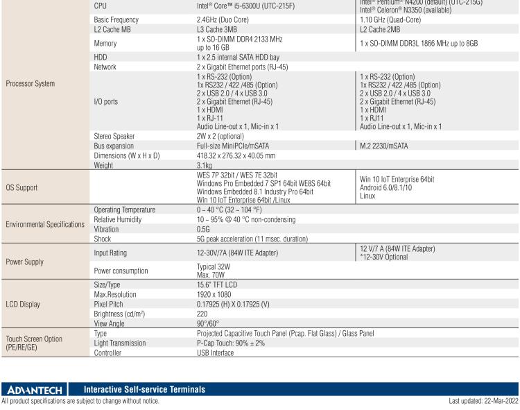 研华UTC-215F 15.6" Open-Frame Touch Computer with Intel Core i5-6300U