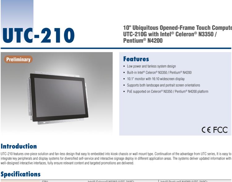 研华UTC-210G 10.1" Open Frame Panel PC with Intel® Celeron® N3350 /Pentium® N4200