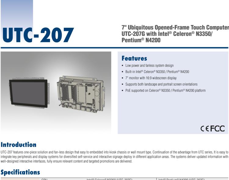 研华UTC-207G 7" Open Frame Panel PC with Intel® Celeron® N3350/ Pentium® N4200