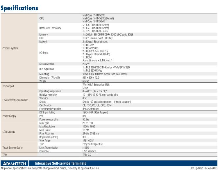 研华UTC-124I3 23.8" Ubiquitous Touch Computer with 11th Gen Intel® Core™ i7-1185G7E / i5-1145G7E / i3-1115G4E Processor