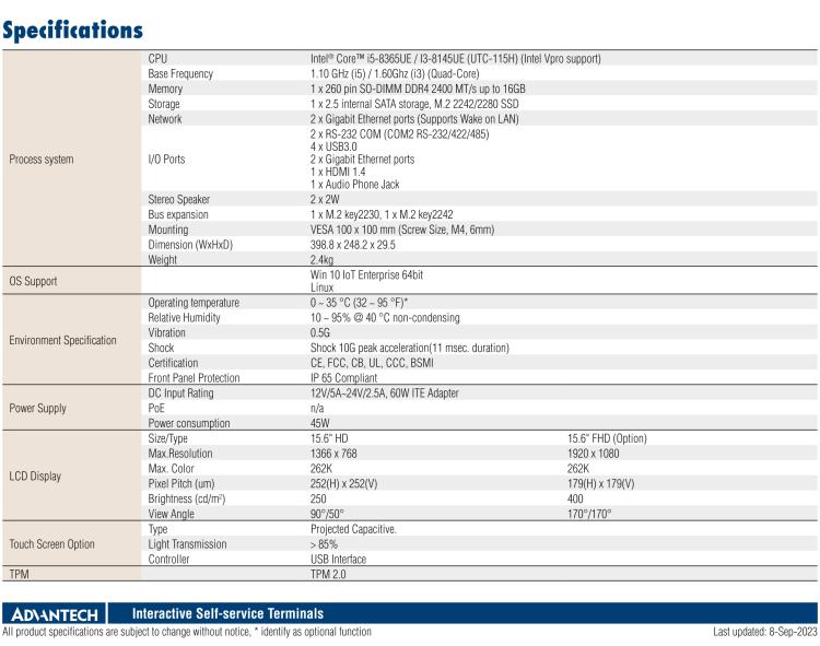 研华UTC-115H 15.6" 多功能触控一体机，搭载 Intel® Core™ i5-8365UE