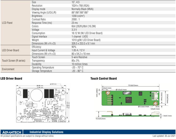 研华IDK-2115 15" SVGA 1200cd/m2 超高亮度工业显示套件，带 LED 背光灯、LVDS 接口