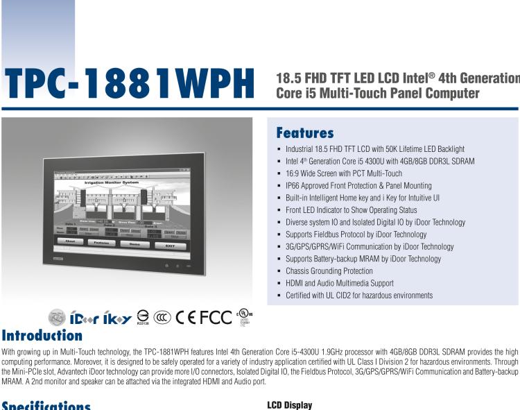研华TPC-1881WPH 18.5 FHD TFT LED LCD Intel® 4th Generation Core i5 Multi-Touch Panel Computer
