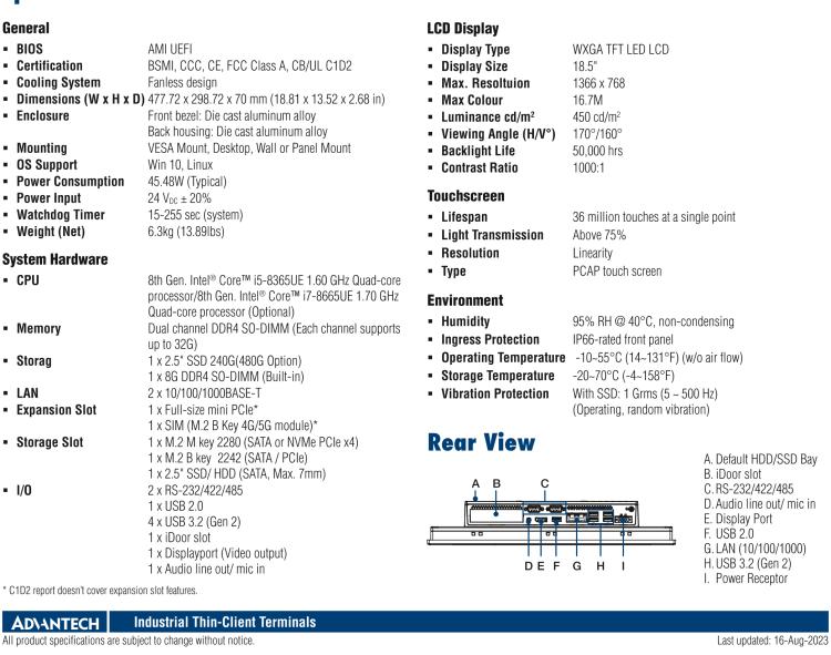 研华TPC-318WH Computer with 8th Gen. Intel® Core™ i5 Processor, built-in 8G DDR4 RAM and UL Class 1 Division 2