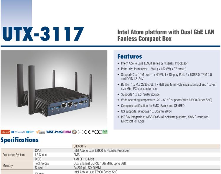 研华UTX-3117 低功耗，紧凑型，4G/WIFI/ BT/LoRa/NB IoT 物联网边缘智能网关
