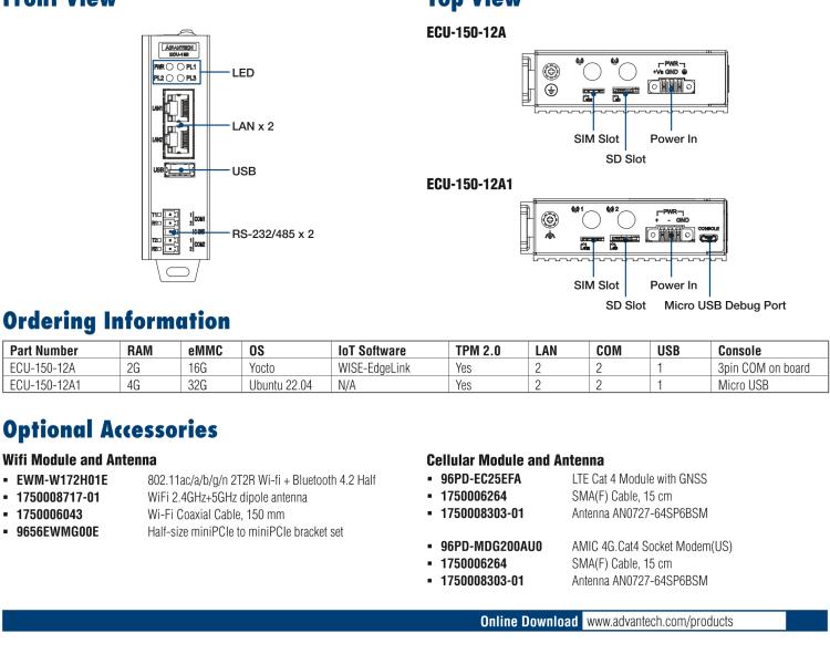 研华ECU-150 NXP i.MX8M 四核 A53高性能5G网关 2 x LAN, 2 x COM, 1 x USB