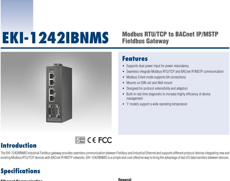 研华EKI-1242IBNMS Modbus RTU/TCP to BACnet IP/MSTP Fieldbus Gateway, Wide Temperature