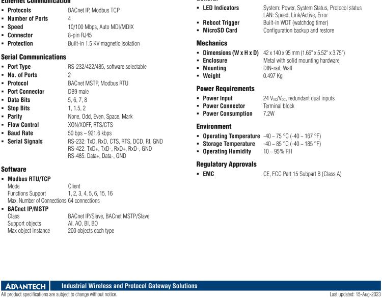 研华EKI-1242IBNMS Modbus RTU/TCP to BACnet IP/MSTP Fieldbus Gateway, Wide Temperature