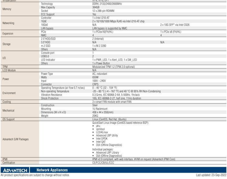 研华FWA-5070 基于Intel®Xeon®处理器可扩展系列1U机架式网络应用平台，最高支持4个NMC插槽