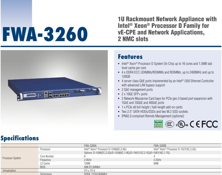 研华FWA-3260 基于Intel® Broadwell XeonTM D-1500系列处理器 1U机架式网络应用平台
