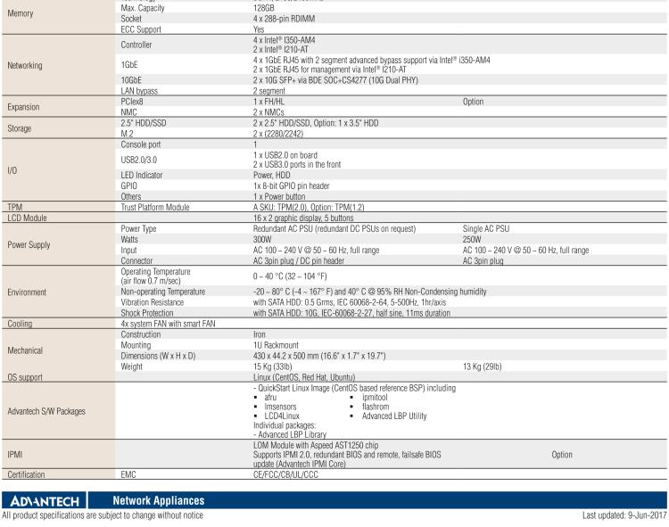 研华FWA-3260 基于Intel® Broadwell XeonTM D-1500系列处理器 1U机架式网络应用平台