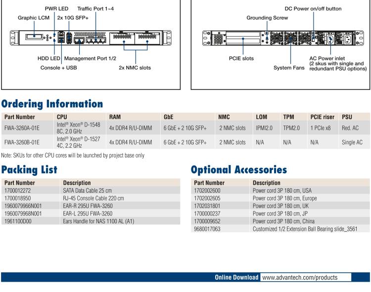 研华FWA-3260 基于Intel® Broadwell XeonTM D-1500系列处理器 1U机架式网络应用平台