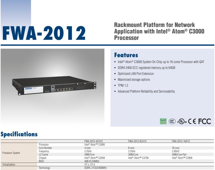研华FWA-2012 基于Intel®Atom®C3000处理器的网络应用程序机架安装平台
